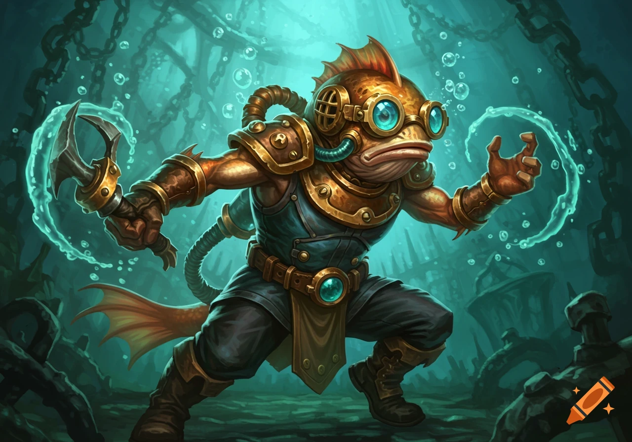 A fish-headed creature in steampunk diving gear stands in a fighting pose underwater, surrounded by chains and bubbles.