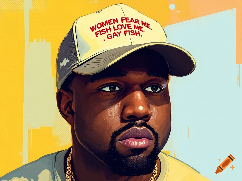 Illustration of Kanye West wearing a cap with text.