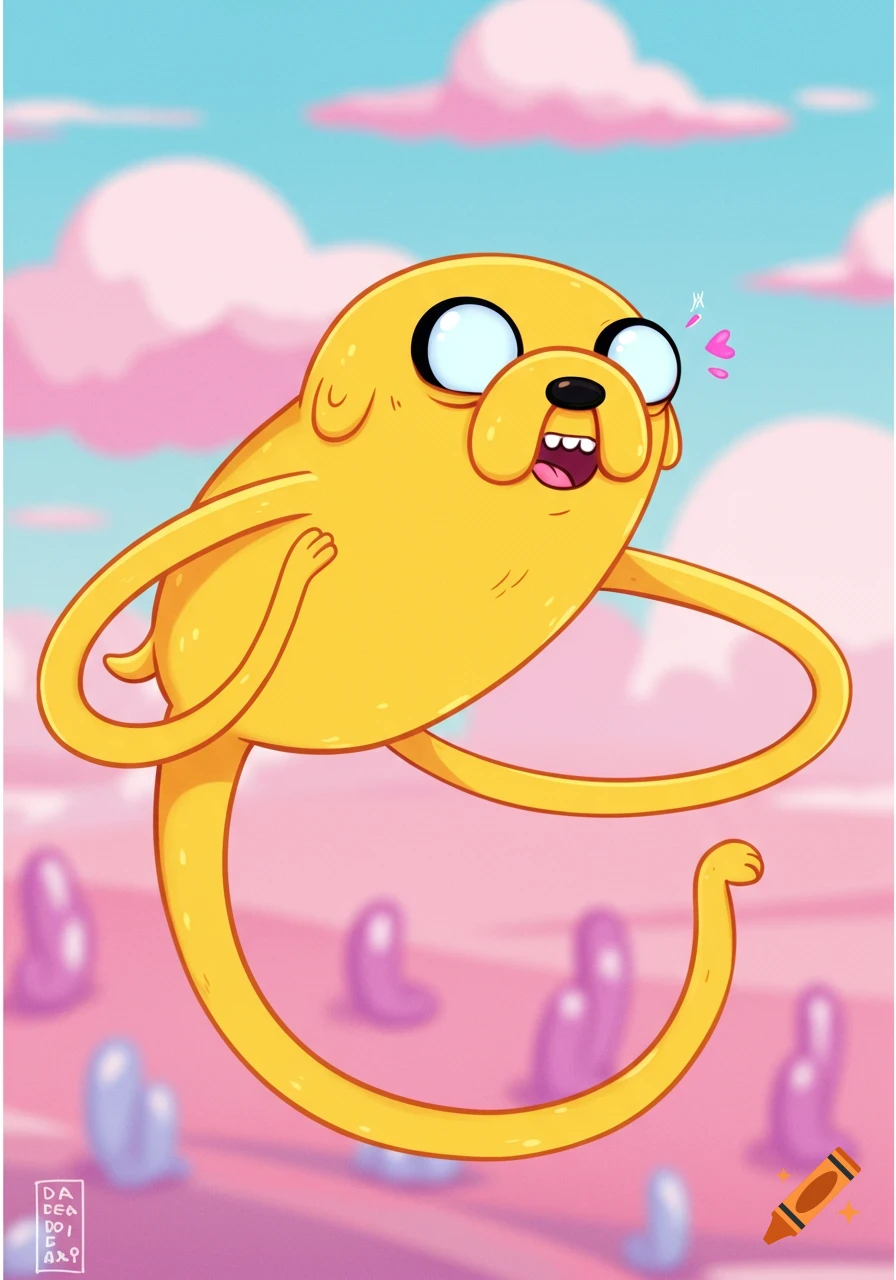 A yellow cartoon dog character, Jake from Adventure Time, floating happily in a colorful sky with pink clouds.