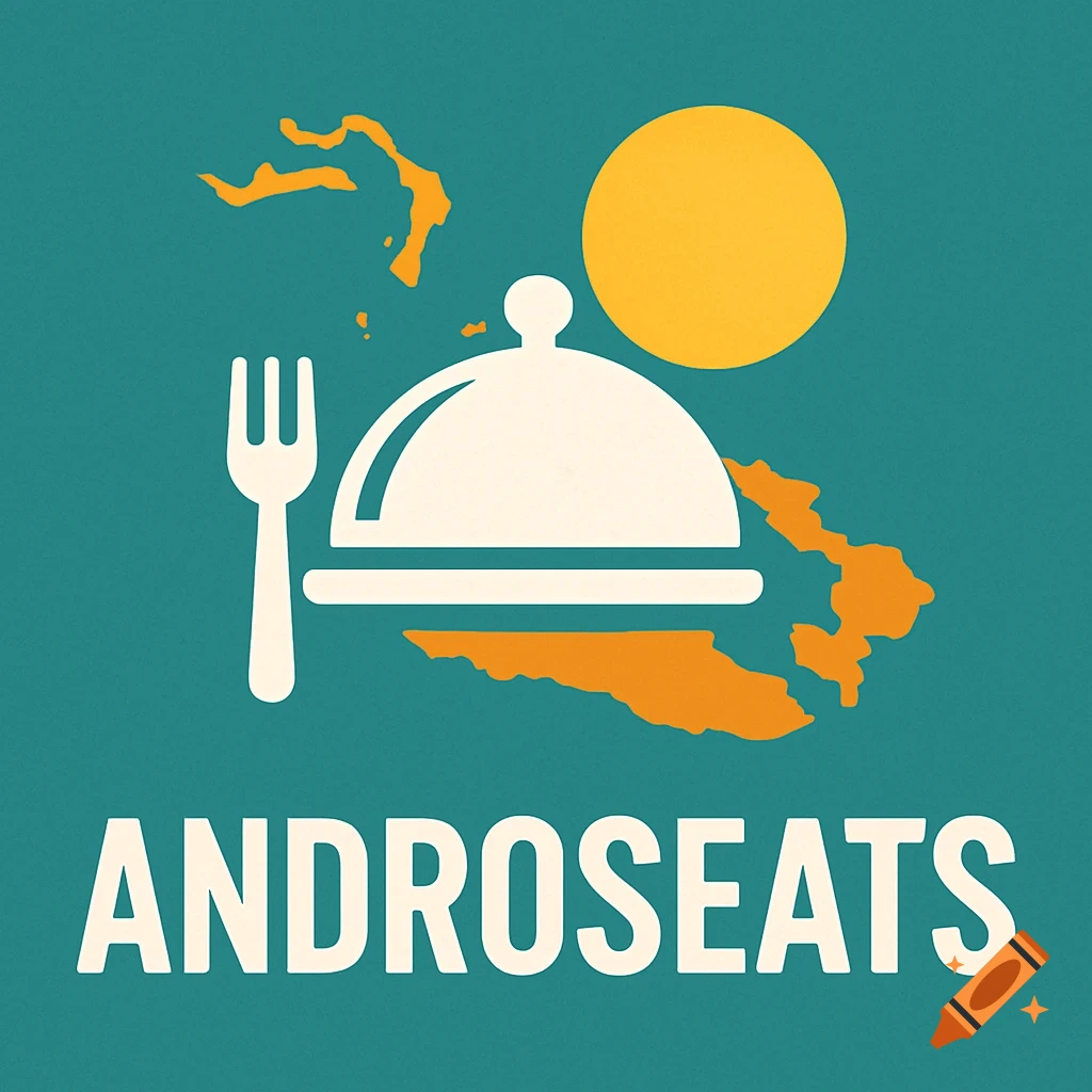 A teal logo with an orange map outline, a white cloche and fork, a yellow sun, and 'ANDROSEATS' text.