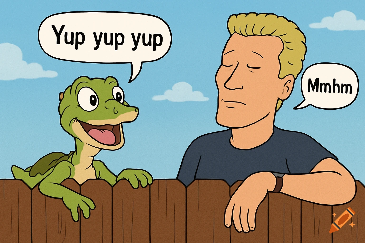 Cartoon of Ducky from Land Before Time saying "Yup yup yup" to Boomhauer from King of the Hill, who says "Mmhm" over a fence.