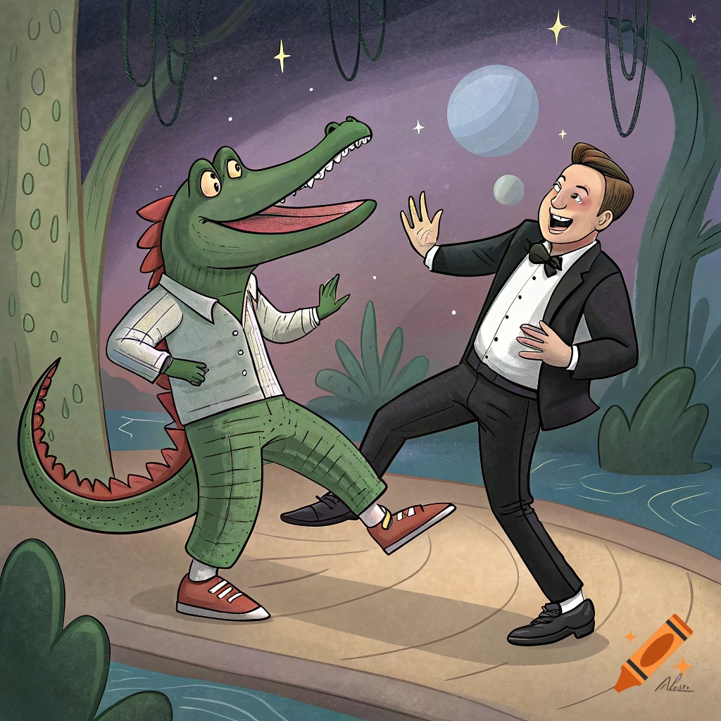 Cartoon illustration of a dancing alligator in clothes and a man in a tuxedo under a night sky with planets.