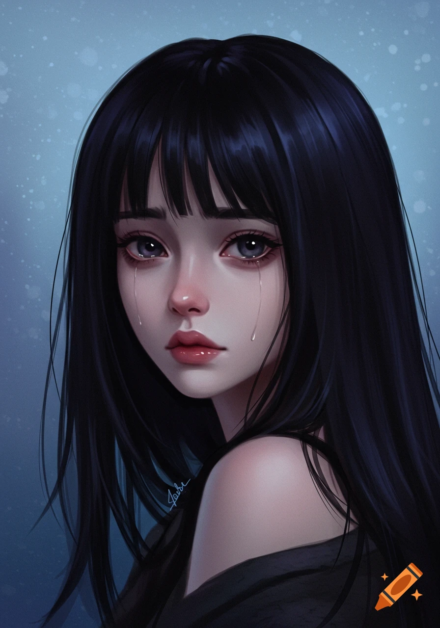 A digital art portrait of a young woman with long black hair and large eyes, with tears streaming down her face, looking sad.