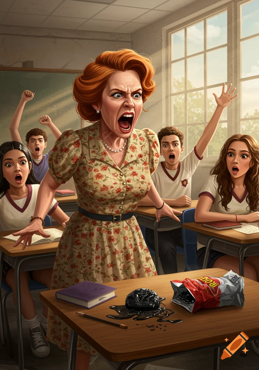 An angry teacher yells at shocked students in a classroom with a messy black spill on a desk.