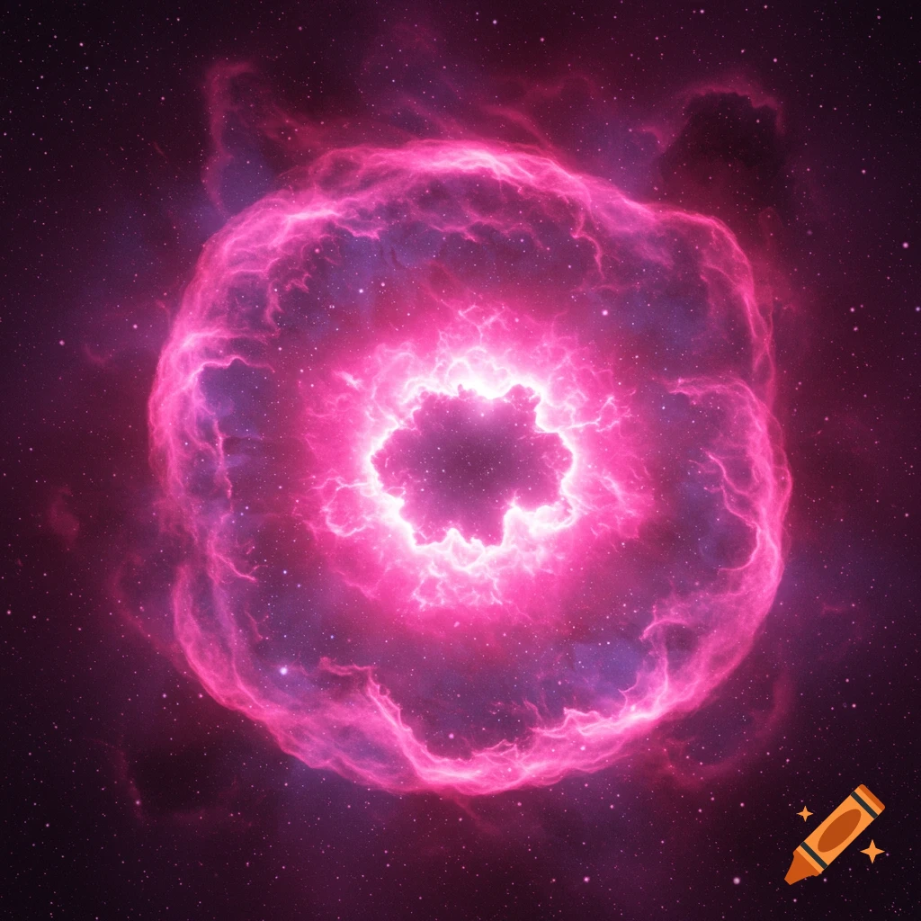 A vibrant pink and purple nebula in deep space.