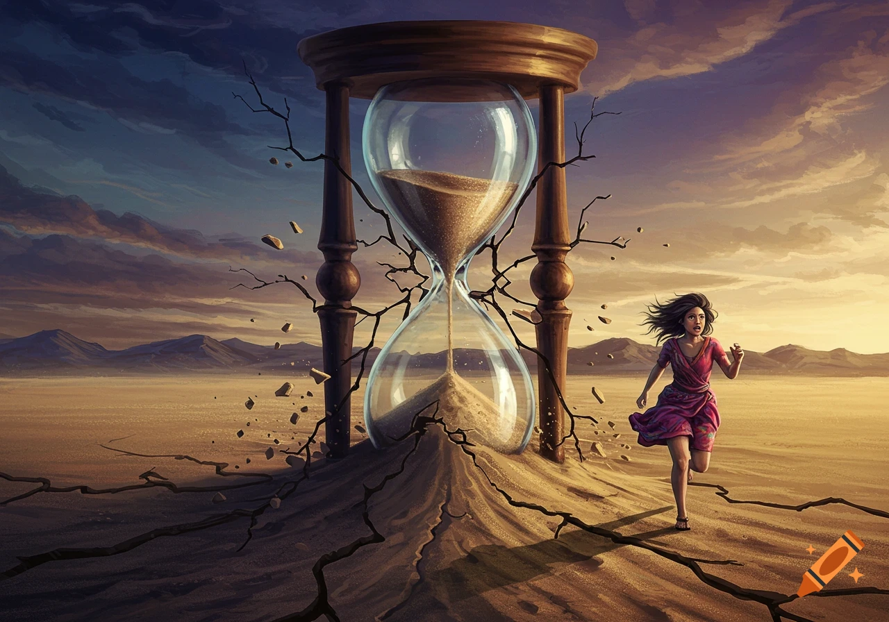 Woman runs from a large, breaking hourglass in a cracked desert landscape at sunset, illustration.