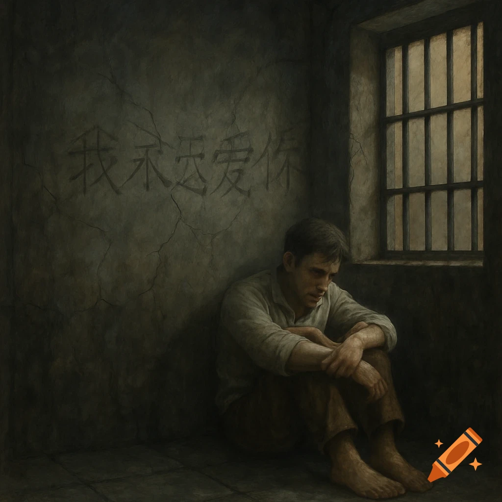 A man sits sadly in a dark, cracked prison cell with Chinese characters carved into the wall, illuminated by a barred window.