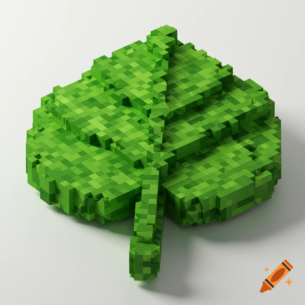 A 3D render of a leaf made from green voxels on a white background.