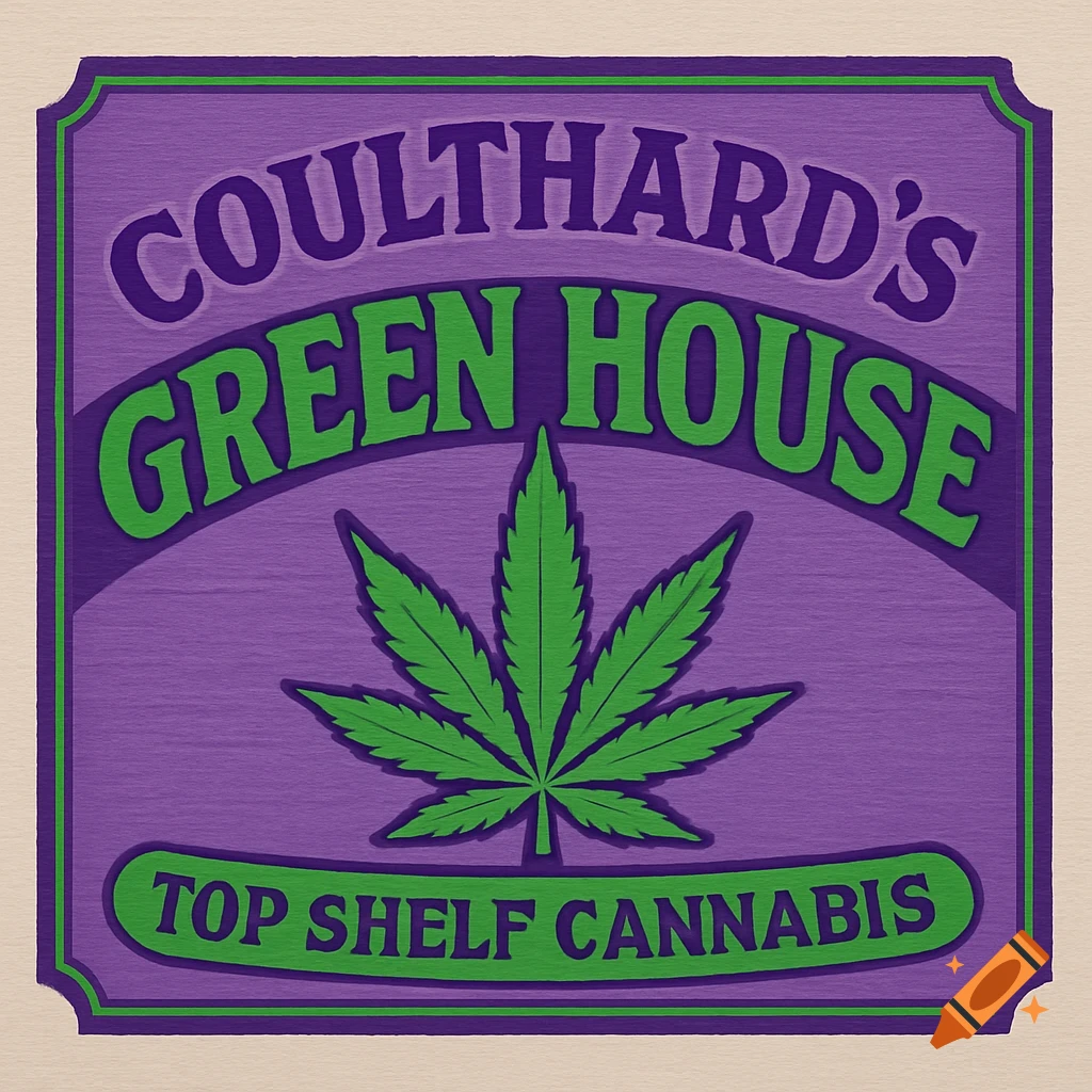 Purple and green logo for 'Coulthard's Green House Top Shelf Cannabis' featuring a prominent cannabis leaf.
