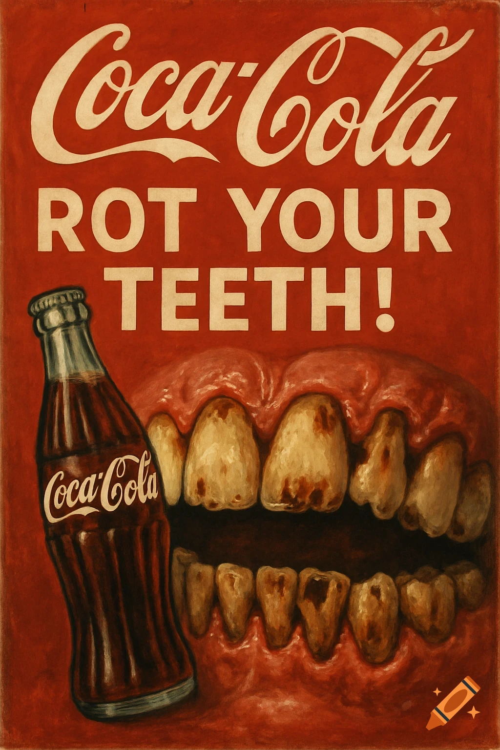 Vintage style poster depicting a Coca-Cola bottle next to a mouth with rotten teeth, text: 'Coca-Cola ROT YOUR TEETH!'