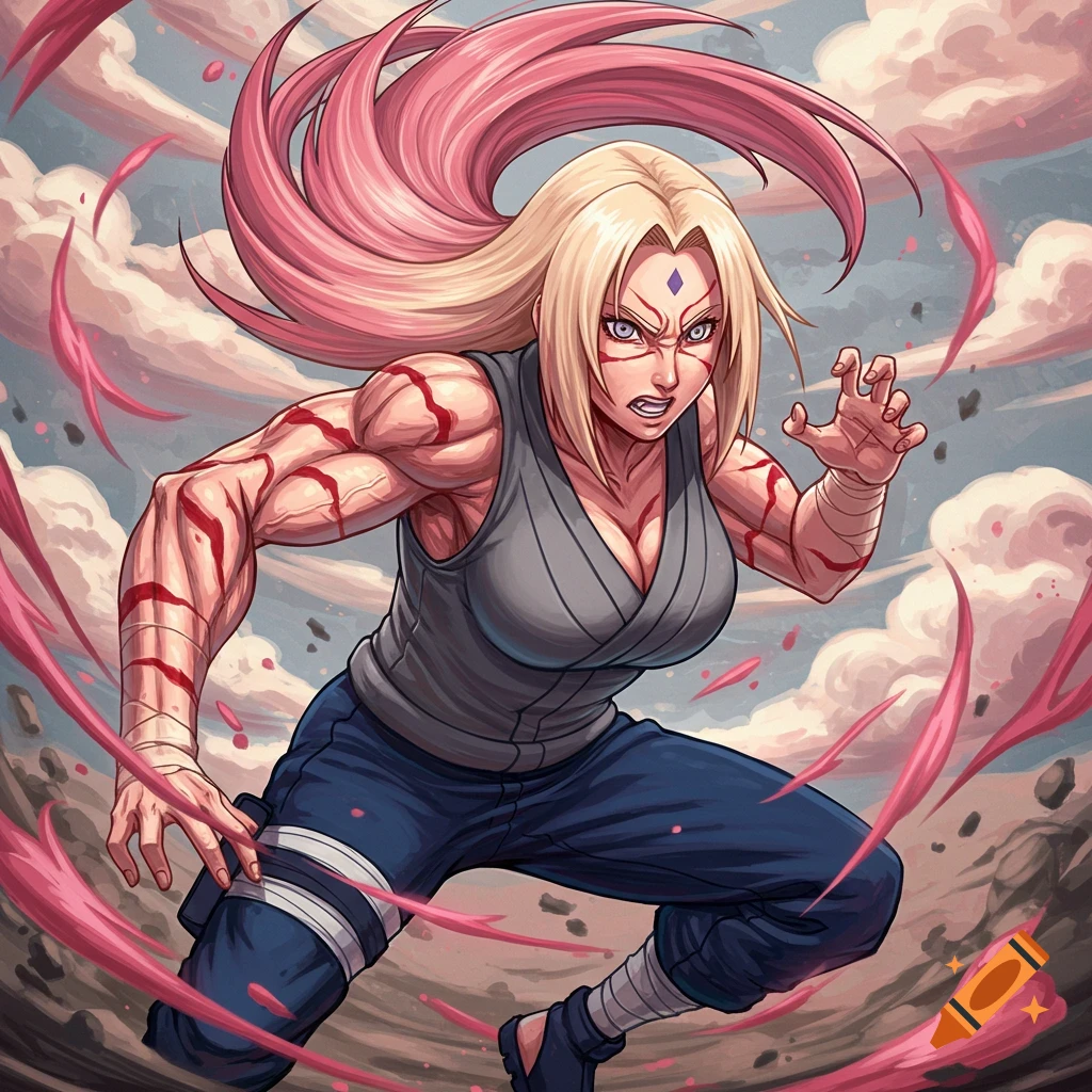 Tsunade from Naruto in a dynamic fighting pose with swirling energy around her, anime style.
