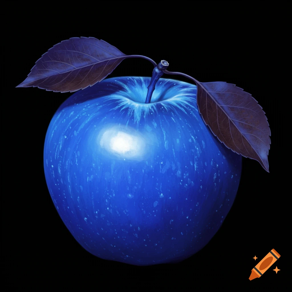A photorealistic blue apple with two dark leaves on a black background.