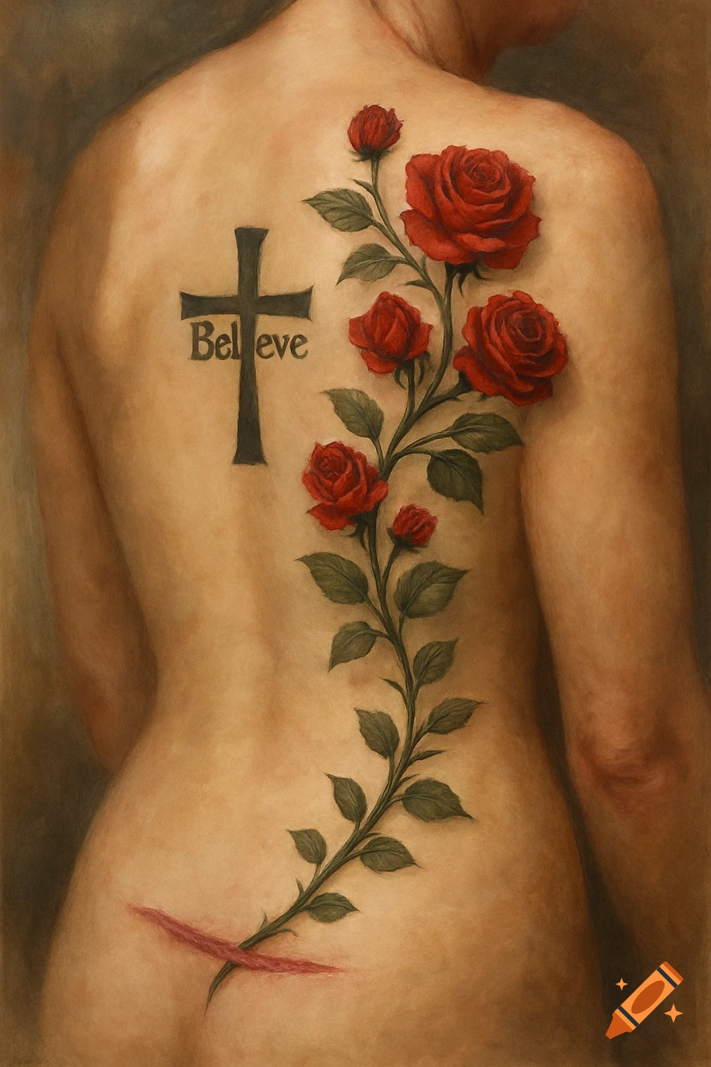 Painting of a person's back with a scar and tattoos of a cross and a rose vine