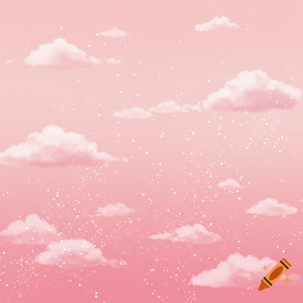 A stylized pink sky filled with soft white clouds and shimmering white dots, creating a dreamlike backdrop.