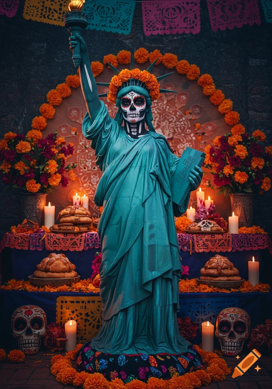Photorealistic image of a person in a Statue of Liberty costume with sugar skull makeup, surrounded by a vibrant Day of the Dead altar.