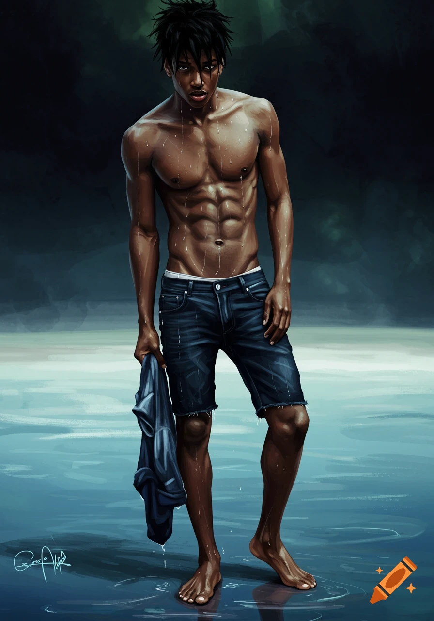 Digital illustration of a shirtless man with wet hair and shorts standing in water.