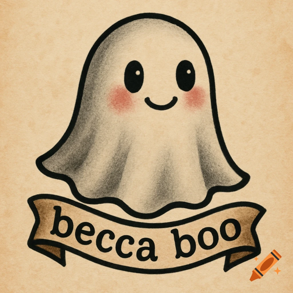 A cute cartoon ghost with rosy cheeks above a banner that reads 'becca boo', in a traditional tattoo style.