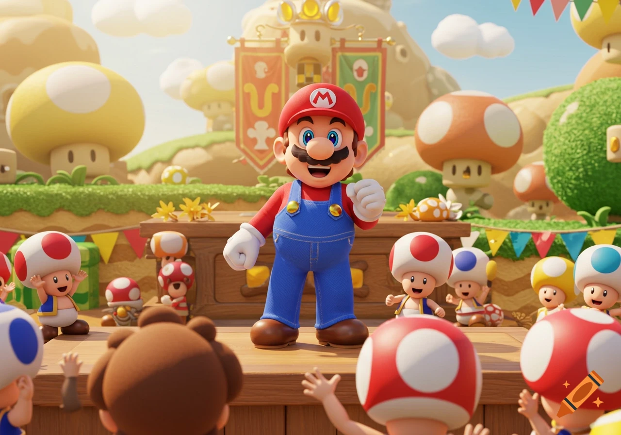 Mario stands on a stage, addressing a crowd of Toads and other characters in a vibrant, cartoonish mushroom kingdom environment.