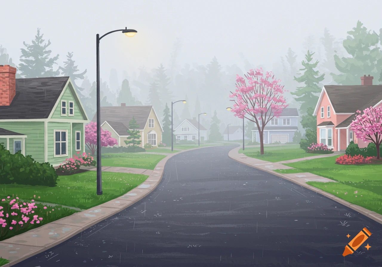 A colorful illustration of a suburban street with houses and pink blossom trees on a foggy, rainy spring day.