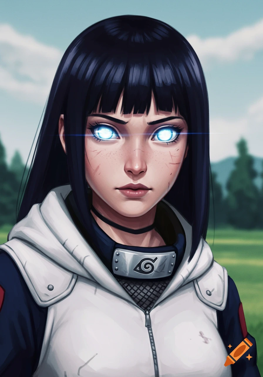 Portrait of Hinata Hyuga from Naruto with glowing Byakugan eyes, wearing her Konoha headband.