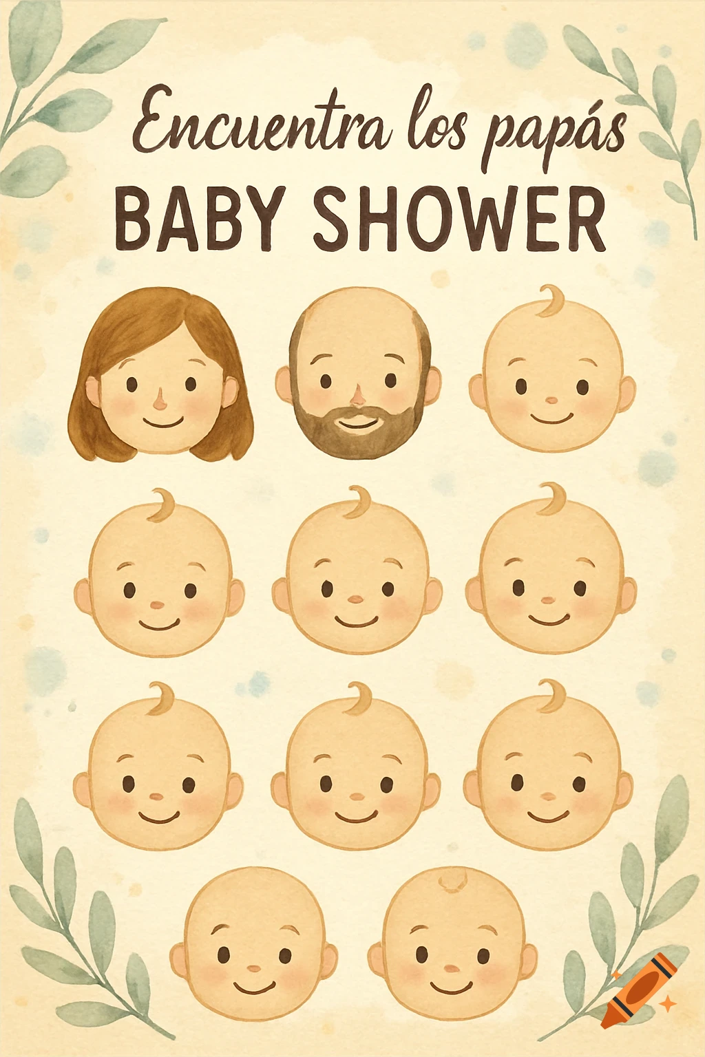 Watercolor baby shower game card, 'Encuentra los papás BABY SHOWER', with a mother's face, a father's face, and many baby faces.