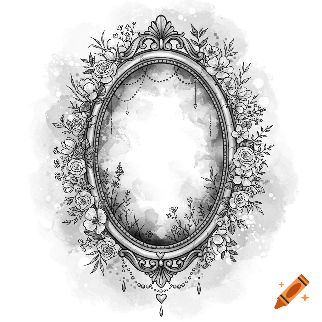 Black and grey illustration of an ornate oval frame surrounded by flowers.