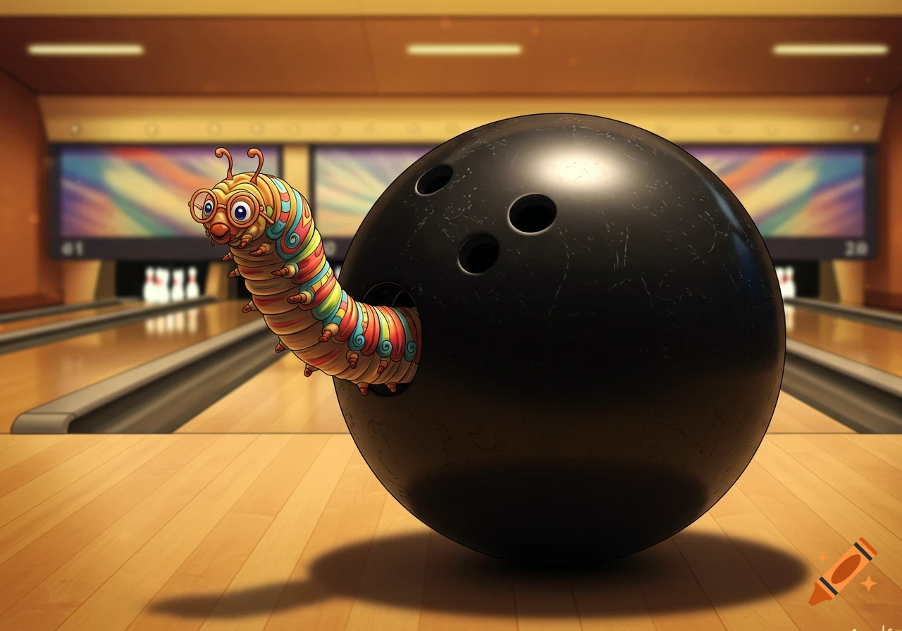 Cartoon caterpillar emerges from a bowling ball on a bowling lane
