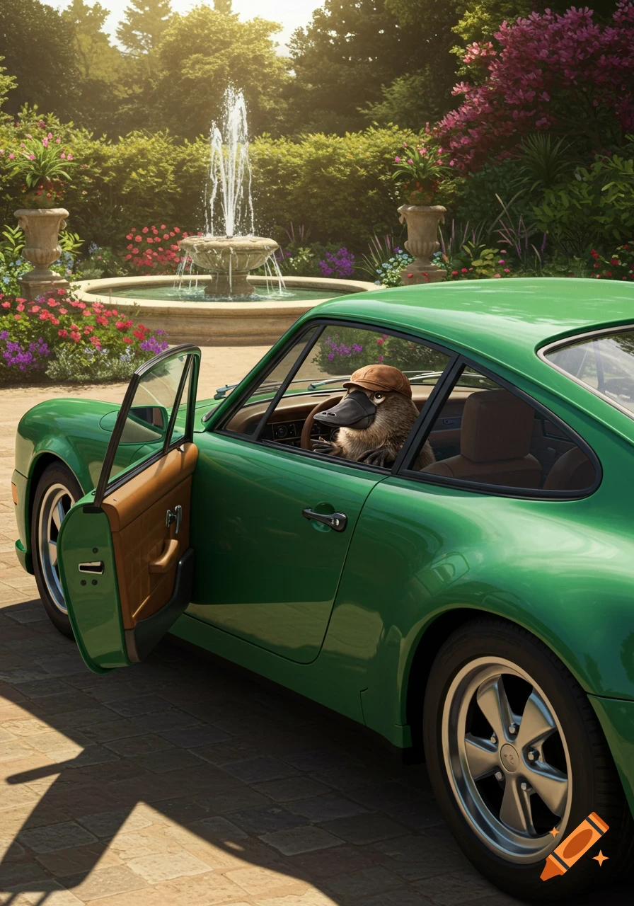 A platypus wearing a cap sits in a green Porsche with the driver's door open, parked in a garden with a fountain.