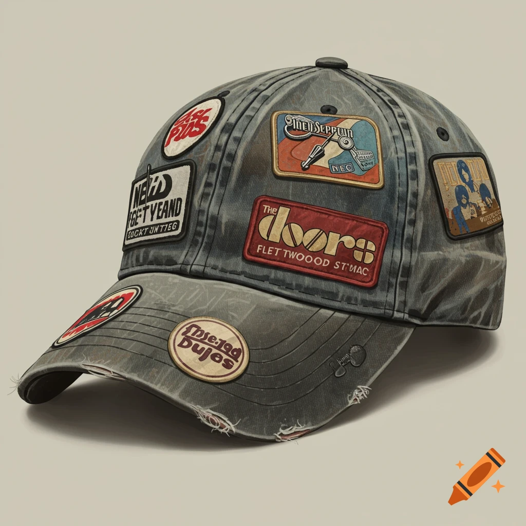 A distressed denim baseball cap adorned with various patches featuring band logos and names, like 'The Doors'.