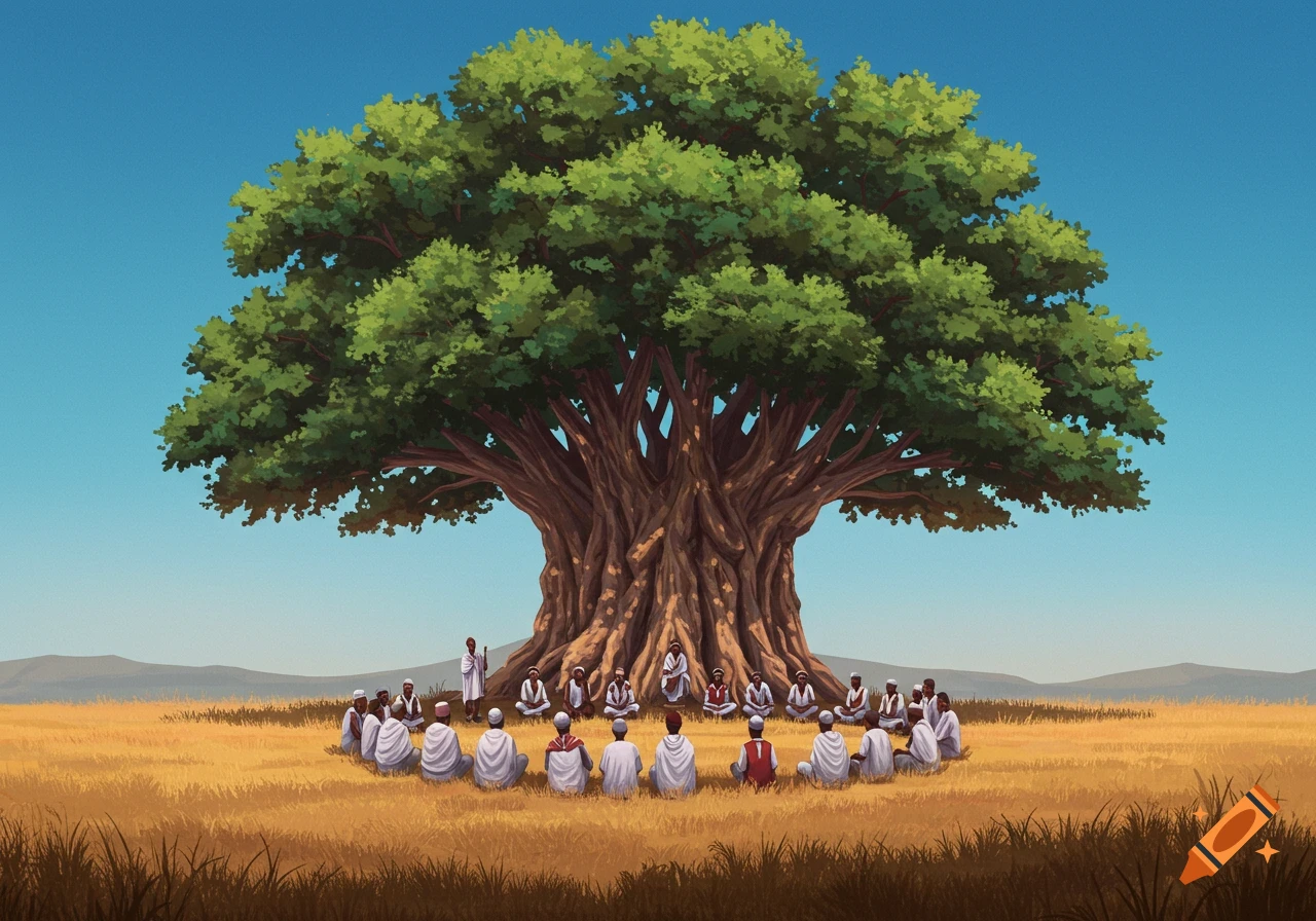 A peaceful, detailed illustration shows people in traditional Oromo clothing seated in a circle under a large, sacred Odaa tree in a grassy field.