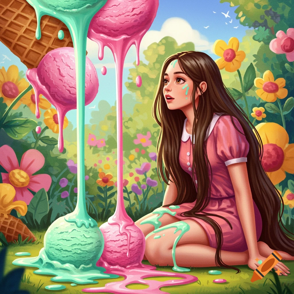 Illustrative image of a girl sitting in a vibrant garden, looking up at giant melting pink and mint green ice cream scoops.