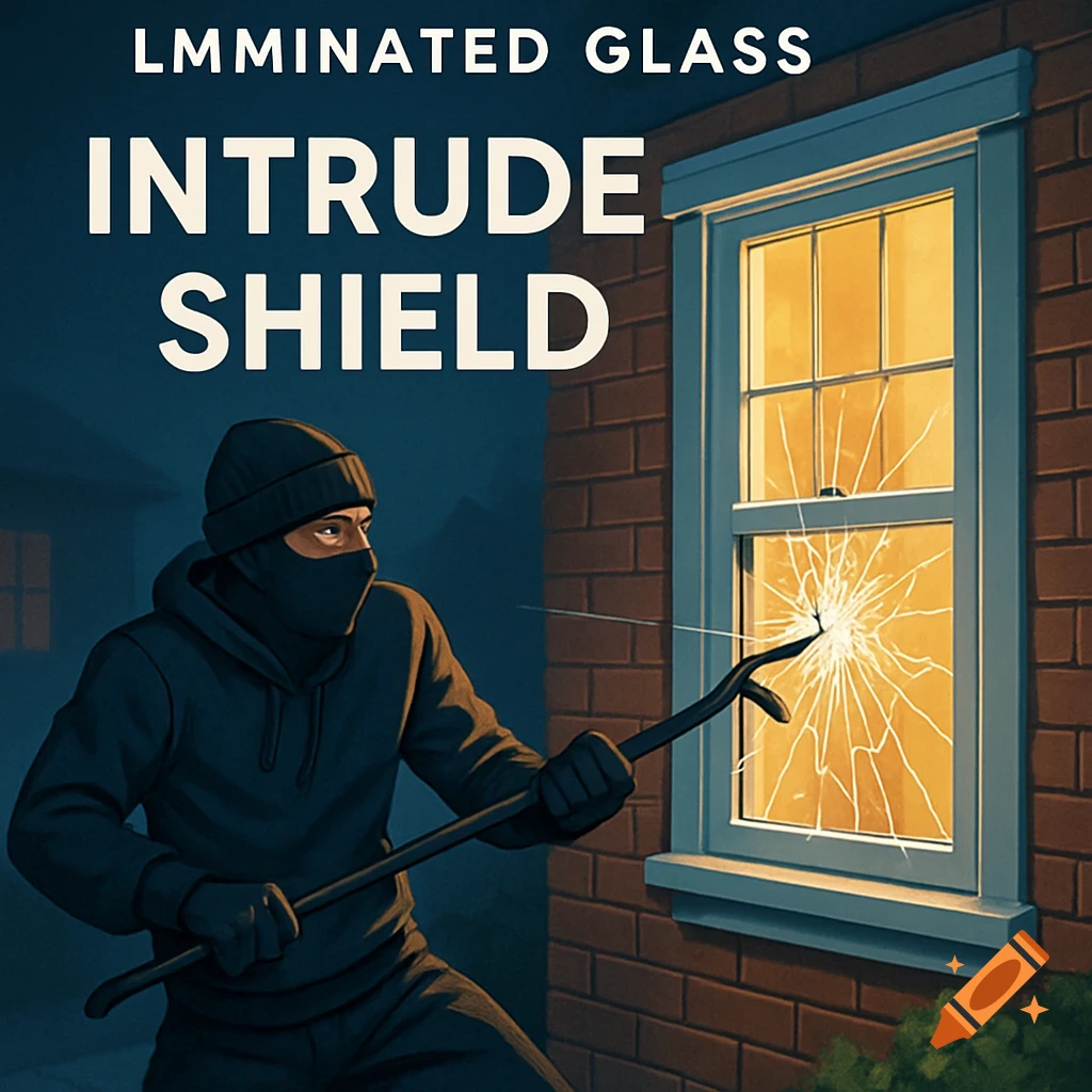 Illustration of a masked person with a crowbar breaking a window with text 'LMMINATED GLASS INTRUDE SHIELD'.