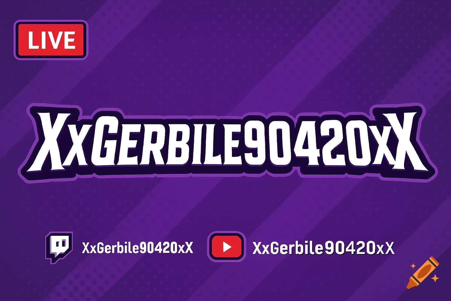 Purple streaming graphic with 'XxGERBILE90420xX' logo, 'LIVE' banner, and Twitch/YouTube handles.