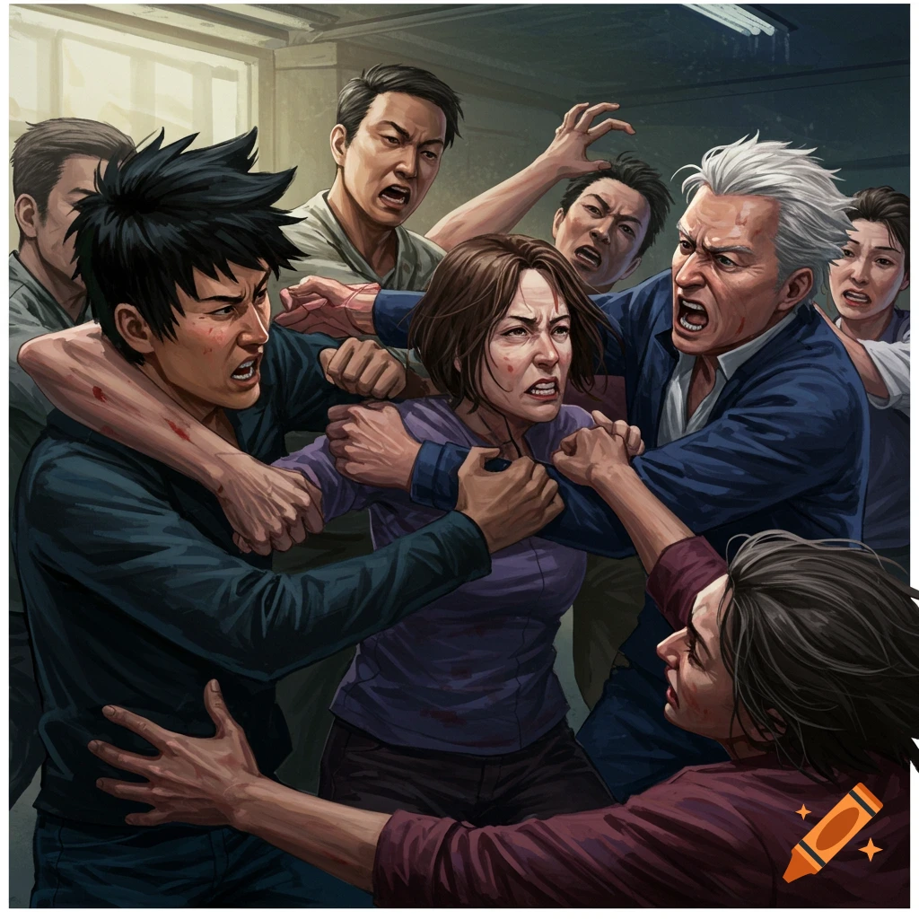 Several people in a struggle or fight.