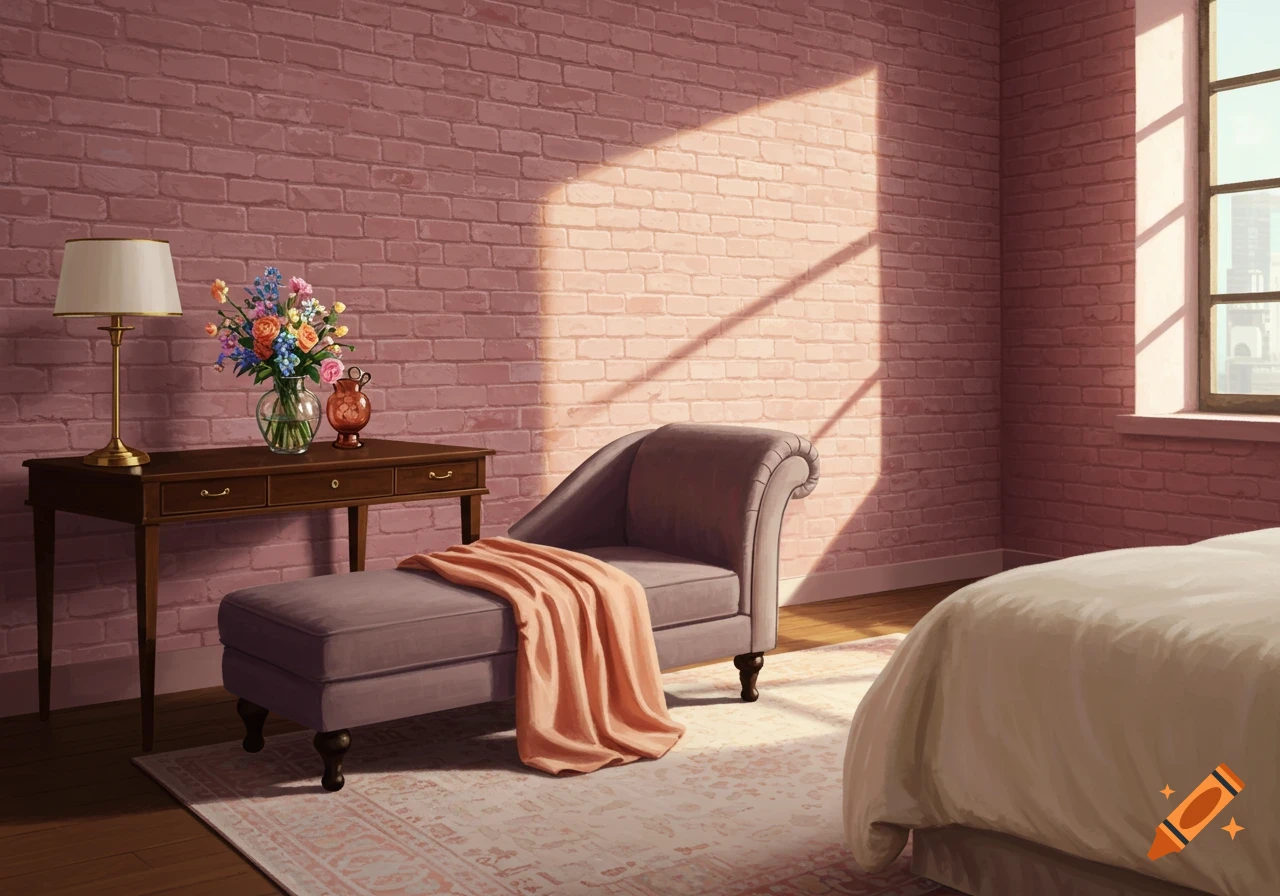 A room with pink brick walls, a chaise lounge, table with flowers and lamp, lit by sunlight from a window.