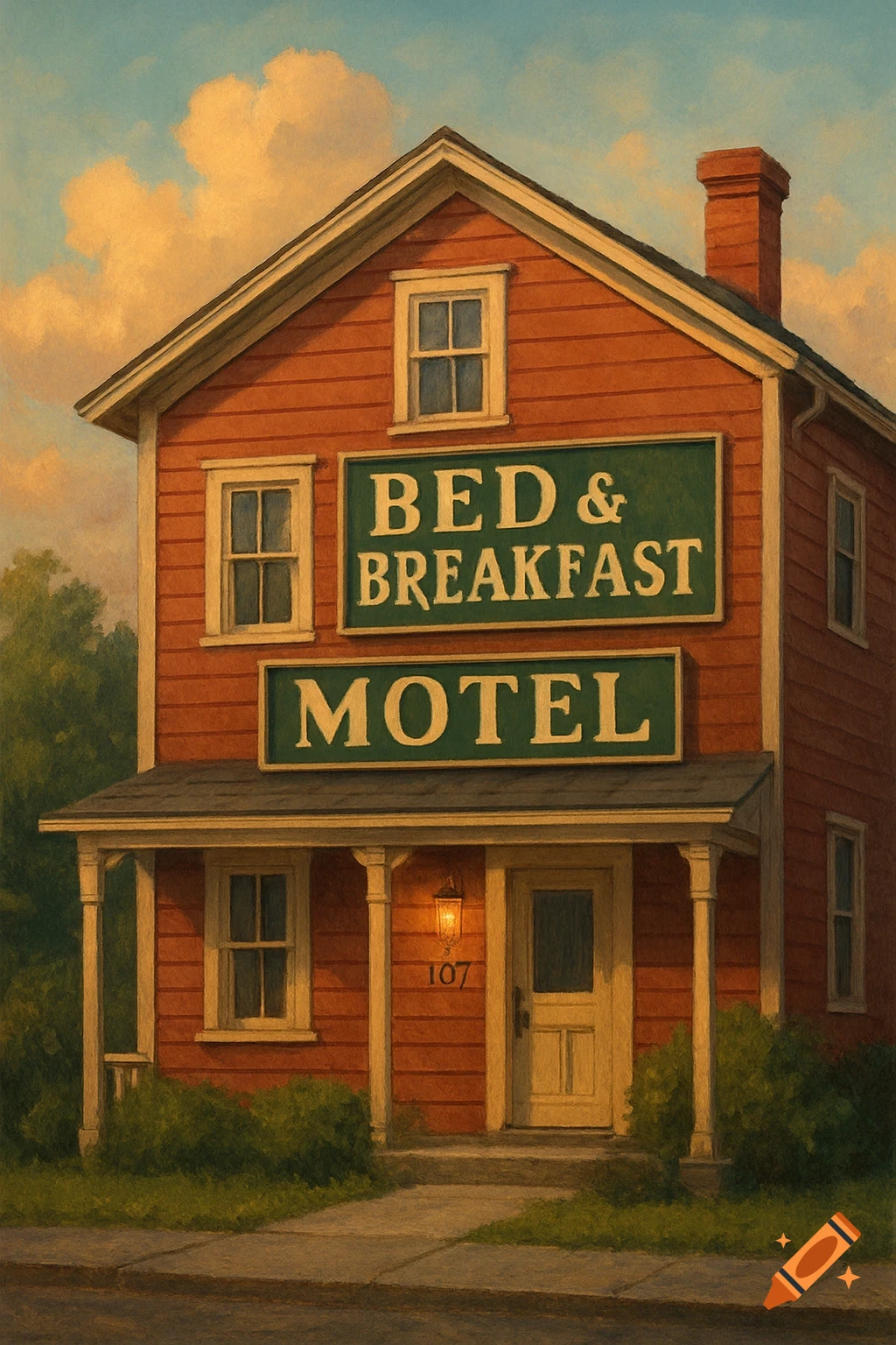 A red wooden building with white trim, a porch, and signs for 'BED & BREAKFAST' and 'MOTEL' under a cloudy sky, in a painterly style.