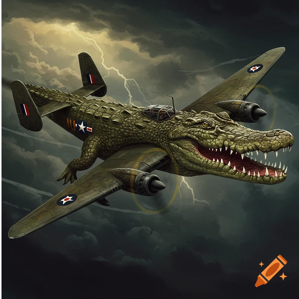 An illustration of a large green crocodile with bomber plane wings and tail fins, flying through a stormy sky with lightning.