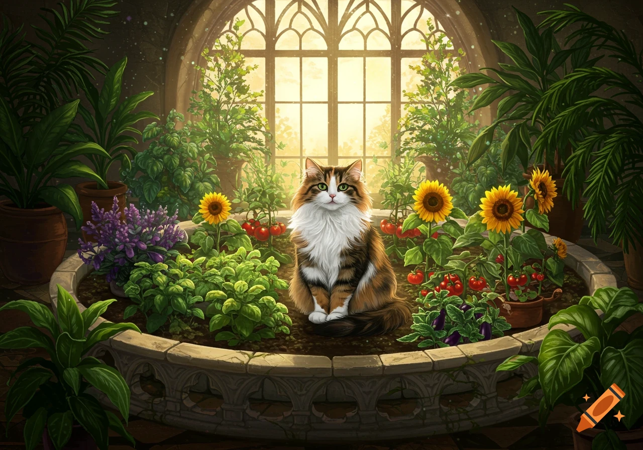 A long-furred calico cat sits in the middle of a lush indoor garden with sunflowers, tomatoes, and various plants, bathed in warm light from a large arched window.