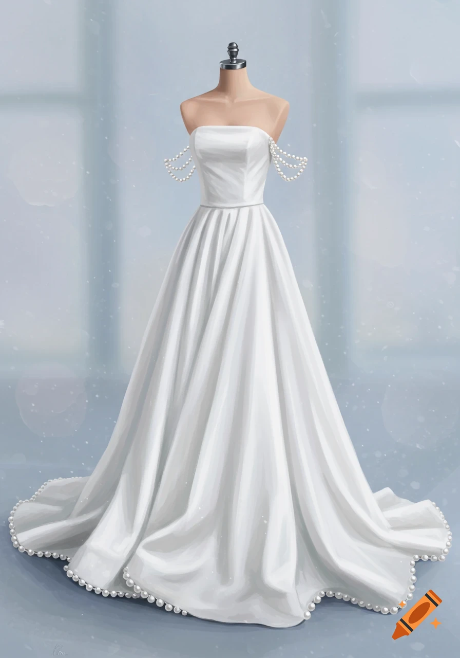 A white strapless wedding dress adorned with pearls on the shoulders and hem, displayed on a mannequin.