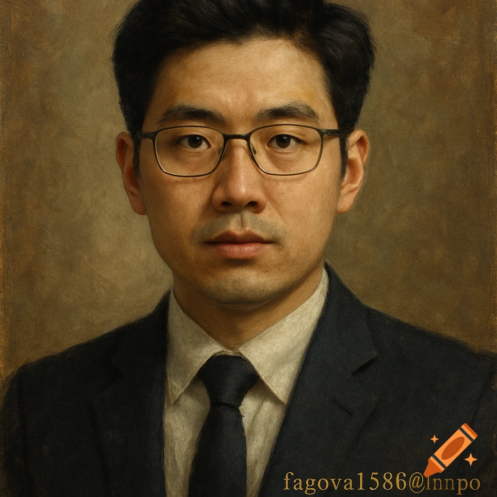 A painterly portrait of a man in a dark suit, white shirt, and black tie, wearing glasses, looking directly forward.