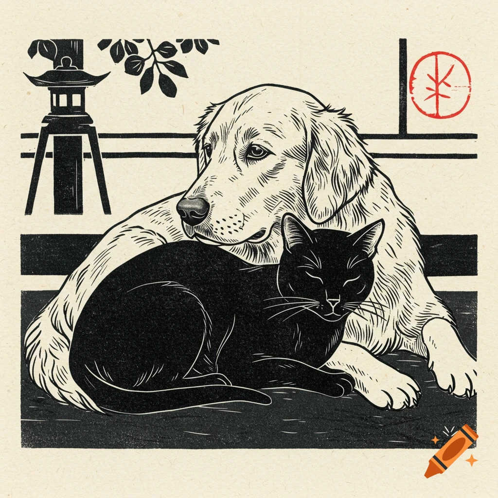 A black and white block print image showing a golden retriever dog with a black cat resting against it. A Japanese lantern and symbol are in the background.