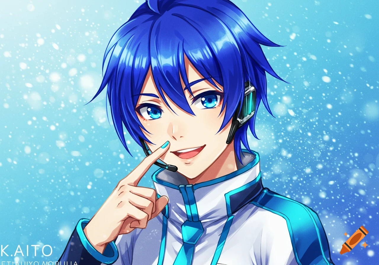 An anime illustration of Kaito, a male character with blue hair and eyes, wearing a headset and blue and white outfit, set against a light blue snowy background.