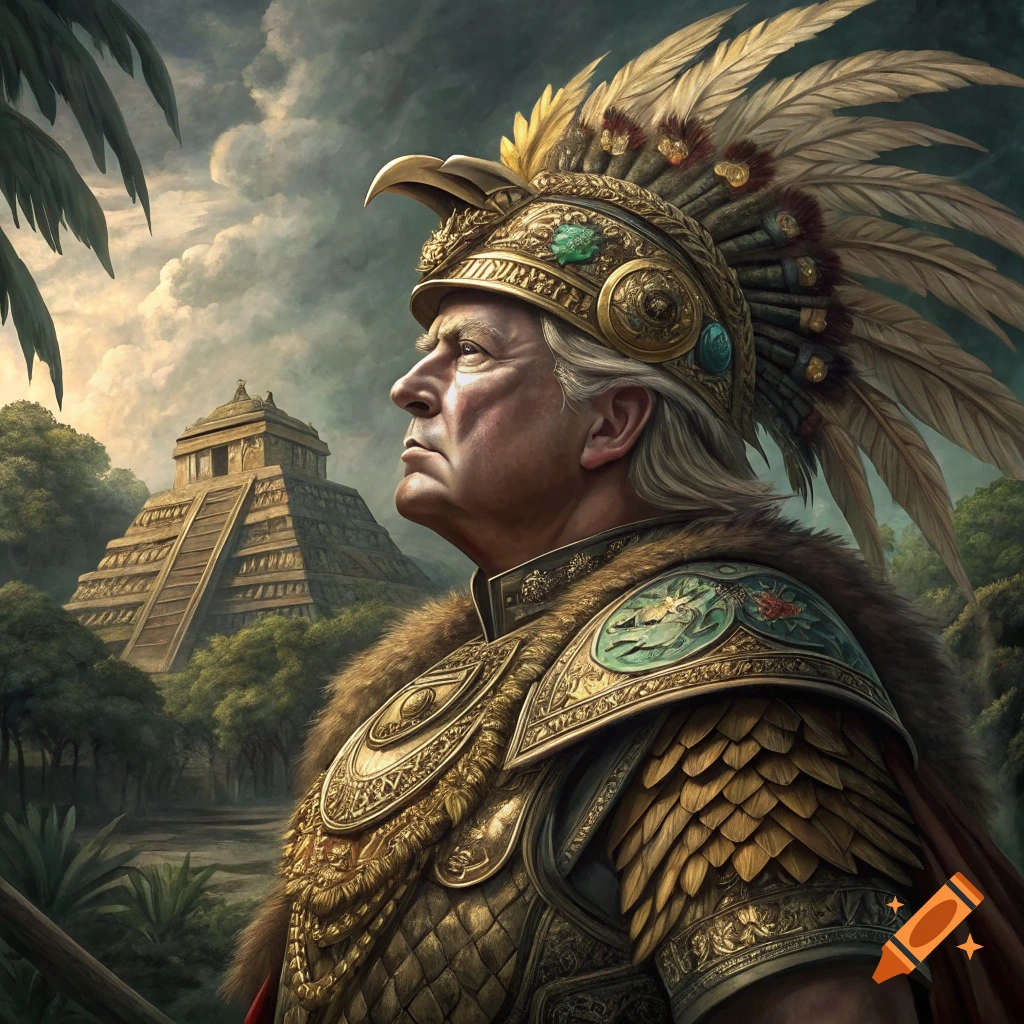 Donald Trump as an Aztec warrior in golden armor and feathered headdress stands before a pyramid.