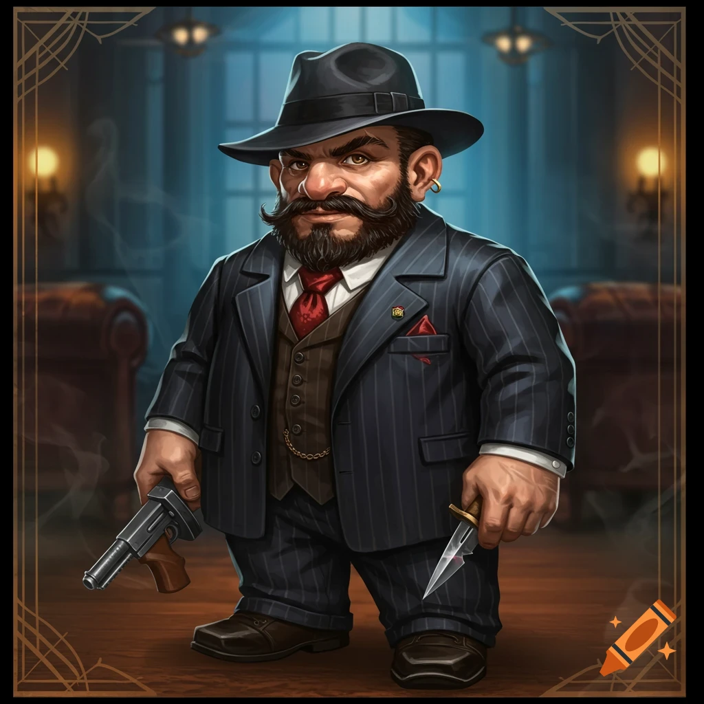 A fantasy dwarf gangster in a pinstripe suit and fedora holds a revolver and dagger in a stylized, detailed illustration.