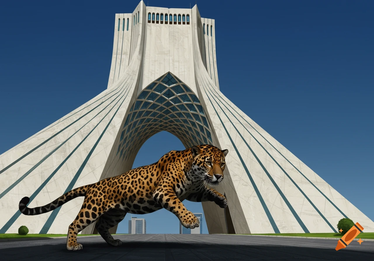 A jaguar leaps in front of the Azadi Tower.