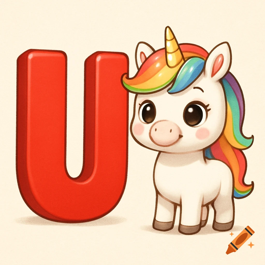 A cute cartoon unicorn with a rainbow mane stands next to a large red letter U.
