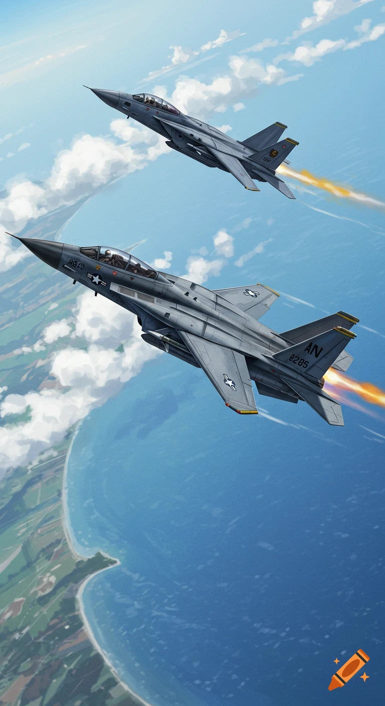 Two fighter jets flying high over the ocean and a coastline