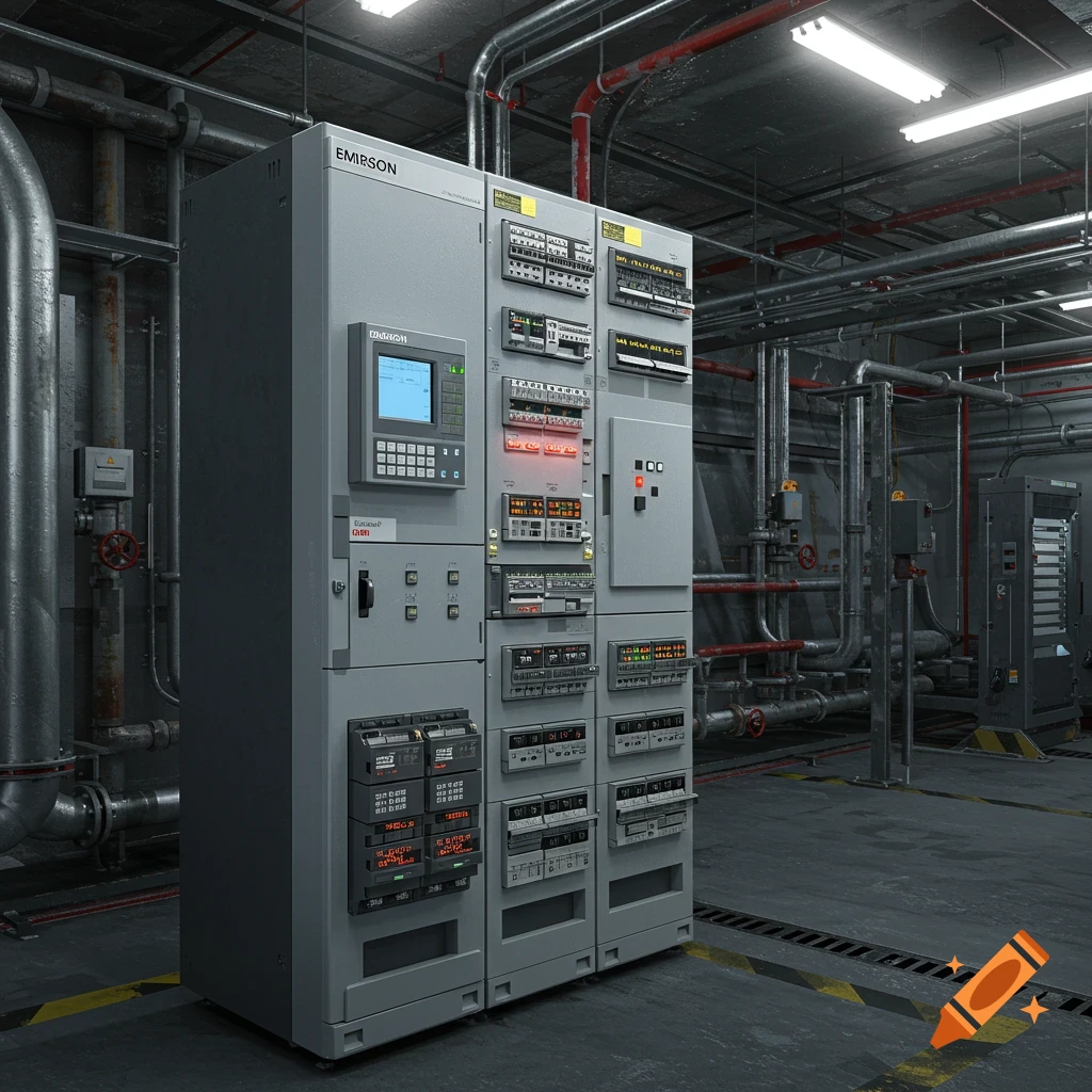 Photorealistic image of large gray industrial control panels with screens and various controls in a detailed factory setting.