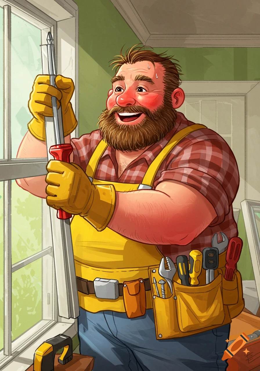 A cheerful, bearded man in work clothes and a toolbelt fixes a window with a screwdriver, illustrated in a vibrant cartoon style.