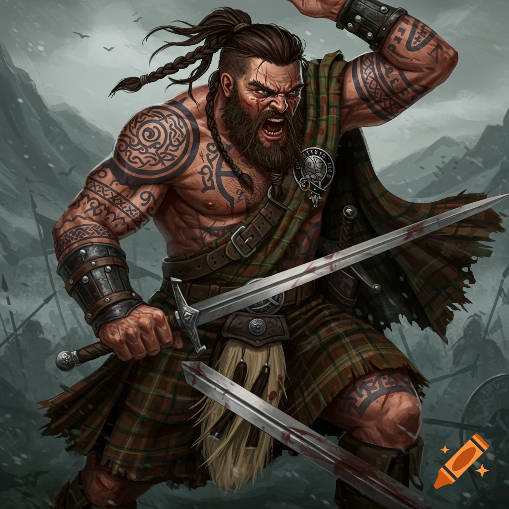 Muscular Scottish warrior with tattoos and kilt, wielding swords in a battle scene, digital painting.